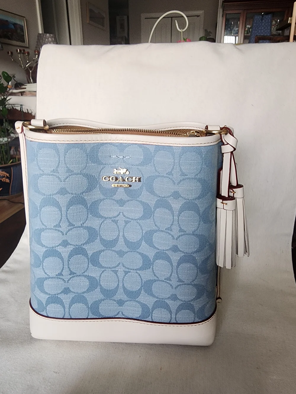 Coach Blue Signature Mollie Canvas Bucket Bag with Chalk Leather Trim